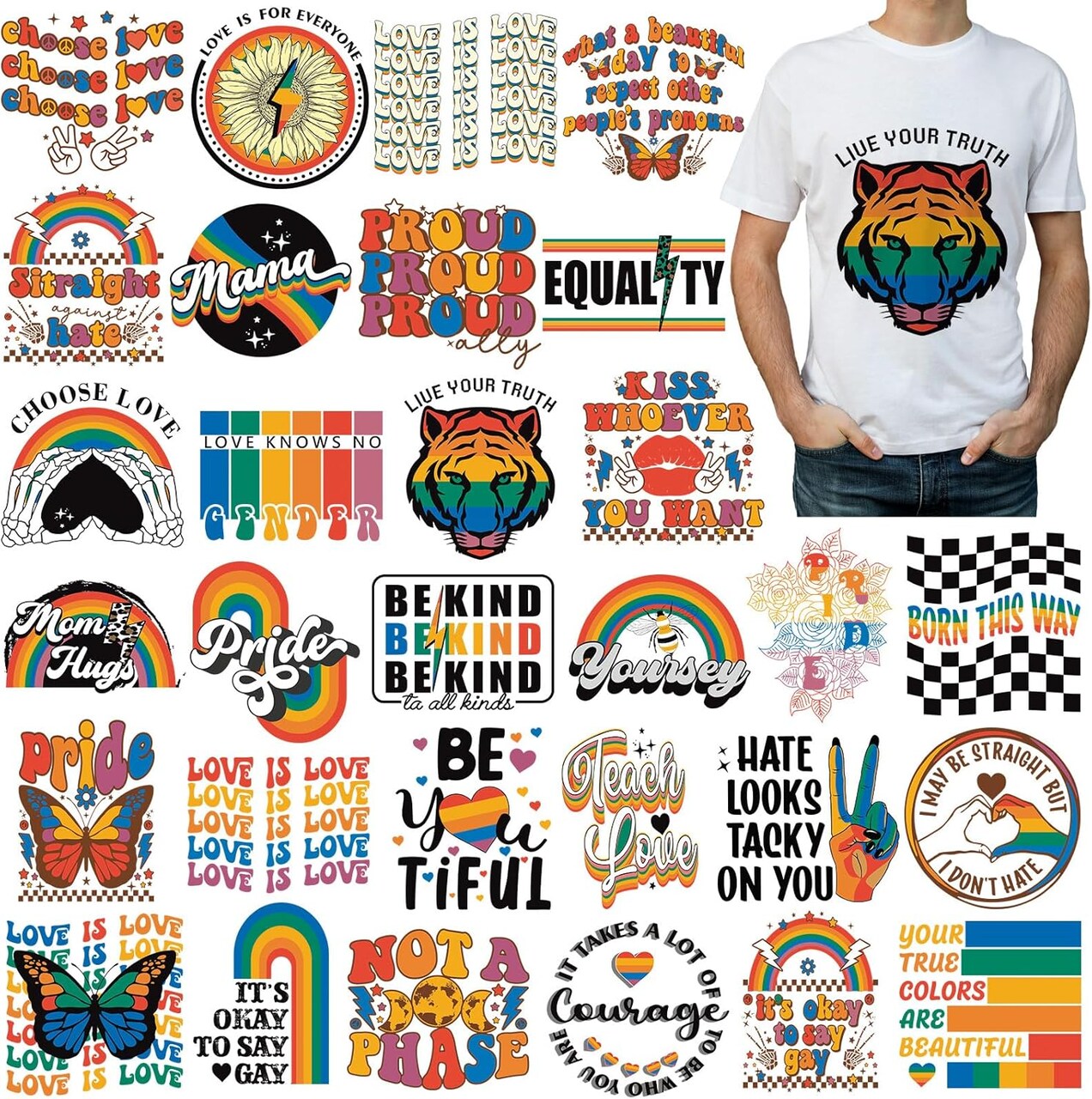 30PCS Pride Month Iron-On Transfers – Rainbow Gay Pride Heat Transfer Decals Ready to Press for T-Shirts, Clothing, Jeans, Hats, and LGBT Equality Parade